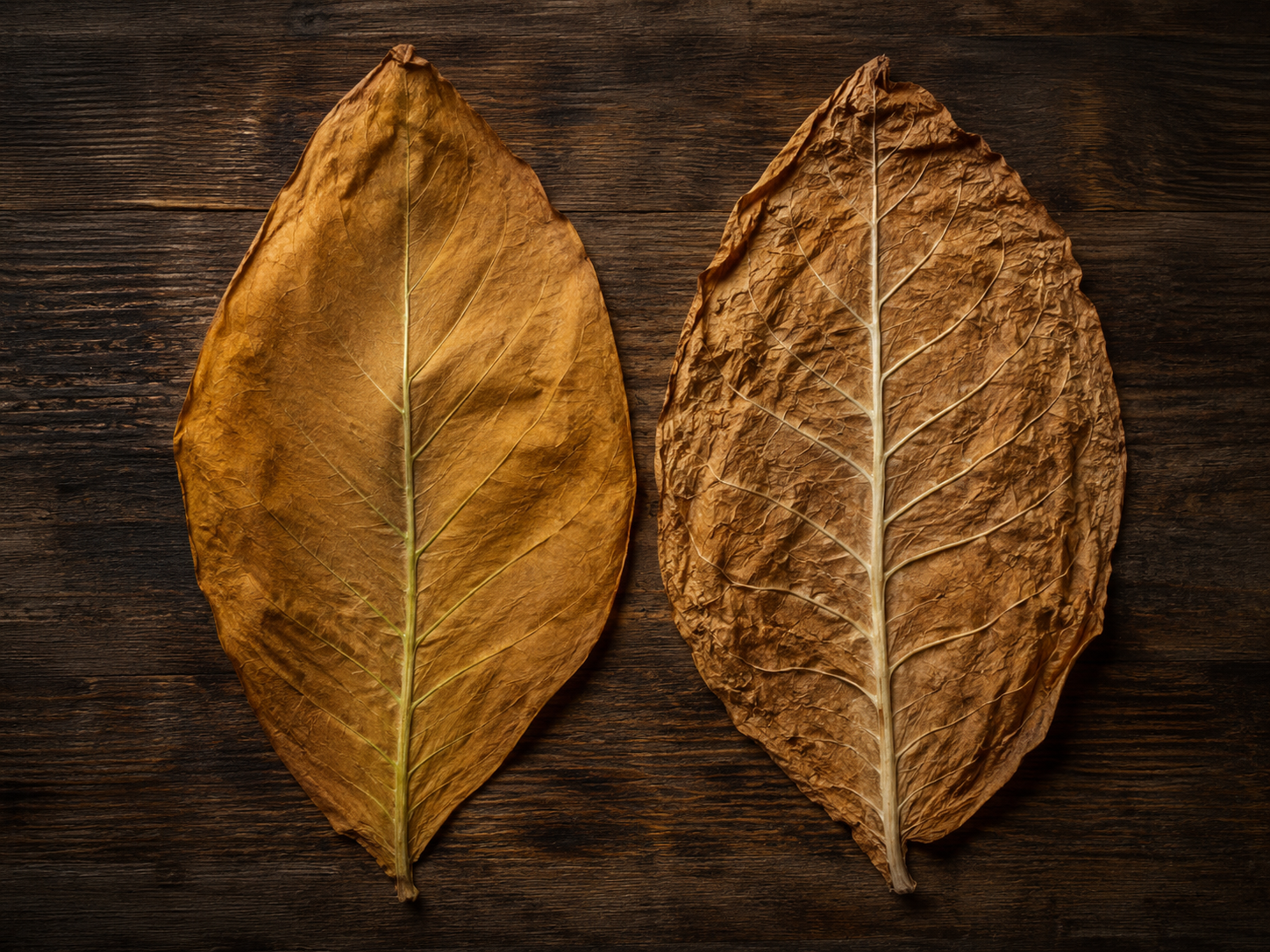 Folhas curadas: Virgínia (esquerda, dourada) e Burley (direita, castanho-claro)