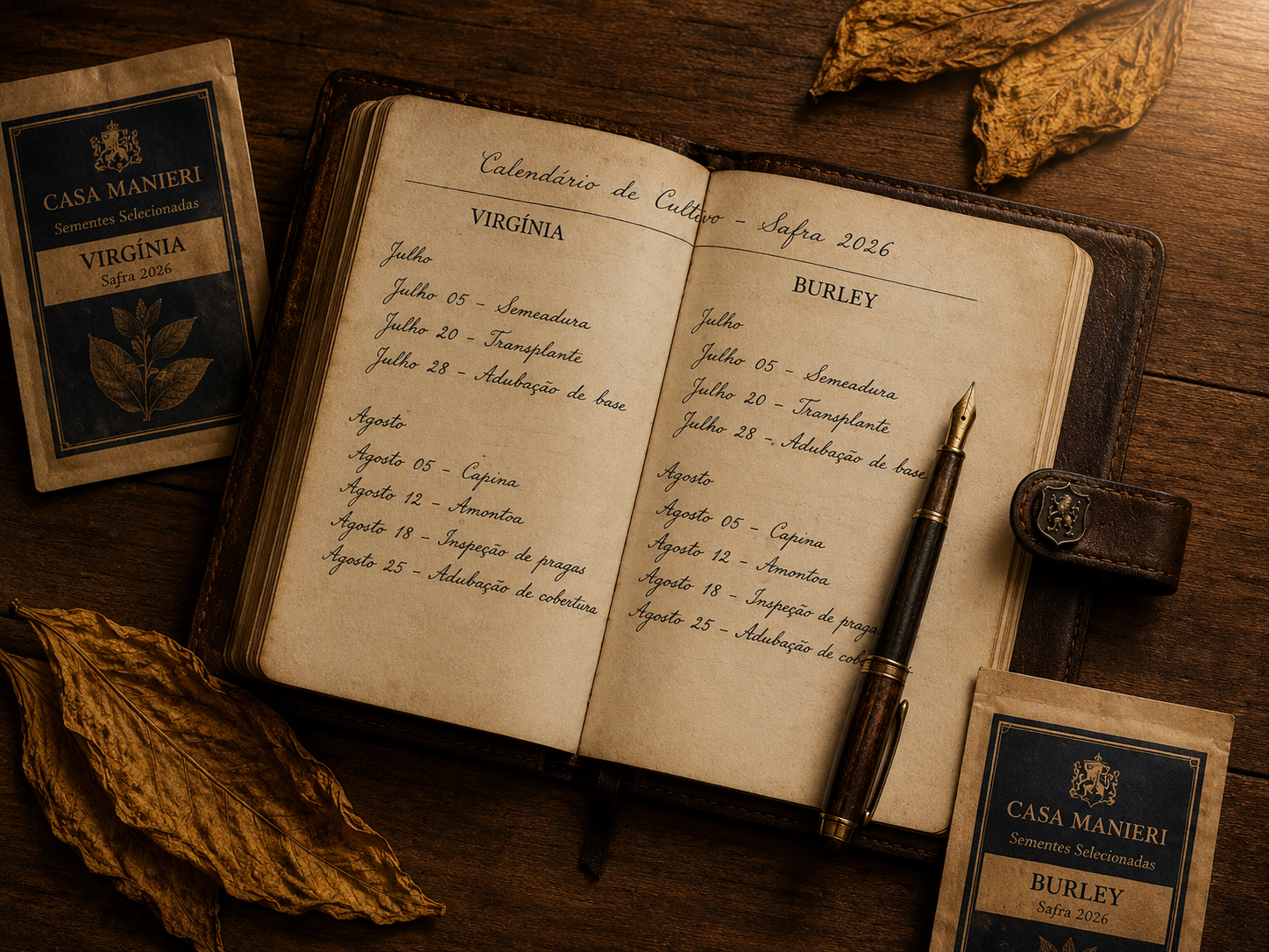 Caderno de safra Casa Manieri com calendário manuscrito Virgínia e Burley